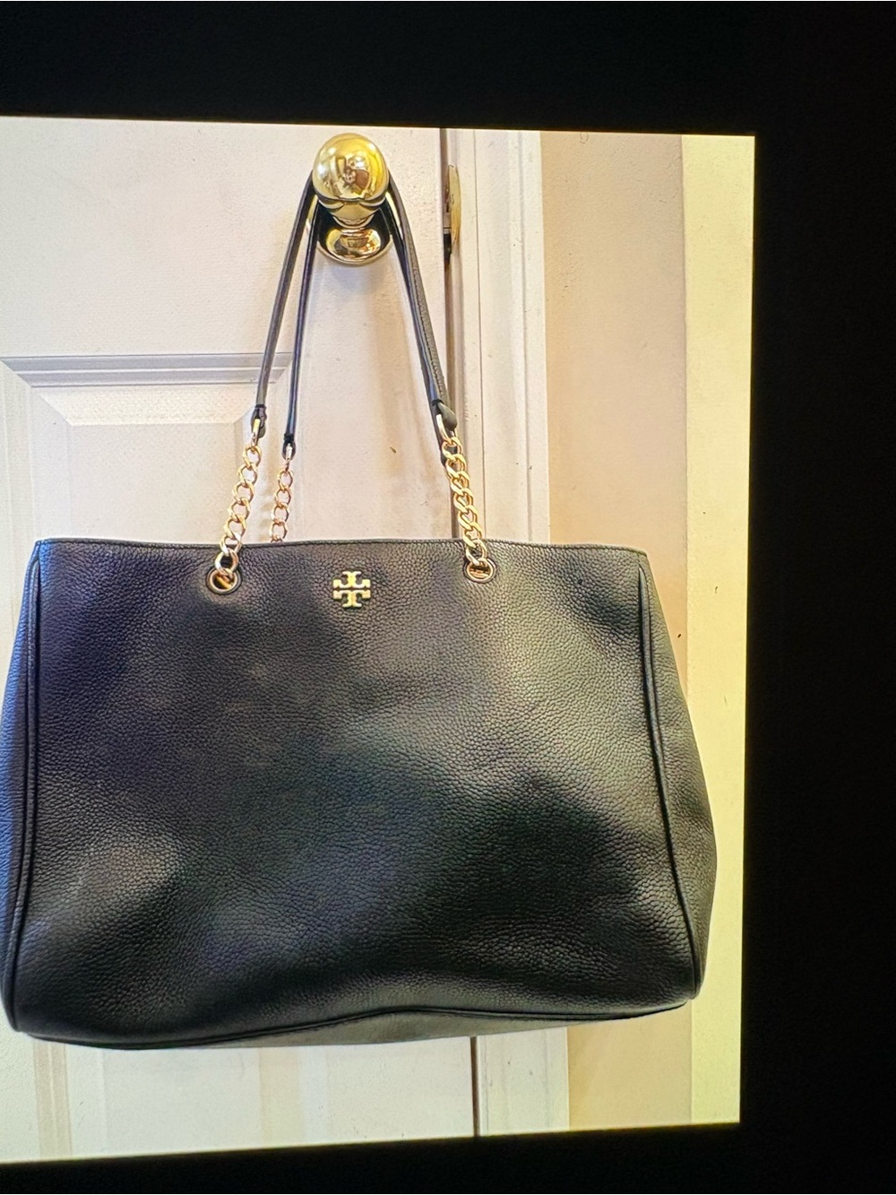 Tory Burch Black Pebbled Leather Tote with Gold Hardware